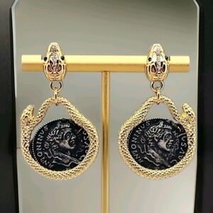 Vintage Estate Signed Greek Coin Snake Gold Drop Earrings